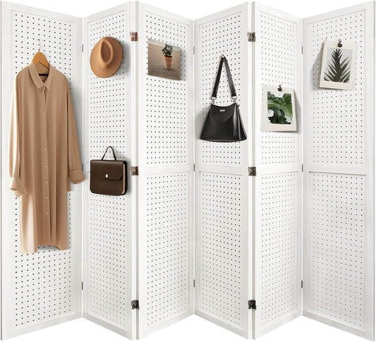 NicBex 6 Panel Pegboard Display,5.6FT Wood PegBoard Room Dividers,Folding Privacy Screens Portable Freestanding Display Board for Craft/Art Shows,Room Separation,White