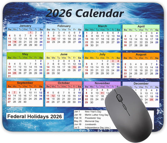 Calendar Mouse pad, 2026 Ocean Wave Background Calendar Natural Rubber Mouse Pad, Quality Creative Gaming Rectangle Mouse Personalized Desk Mouse Pad 9.5 inch x 7.9 inch