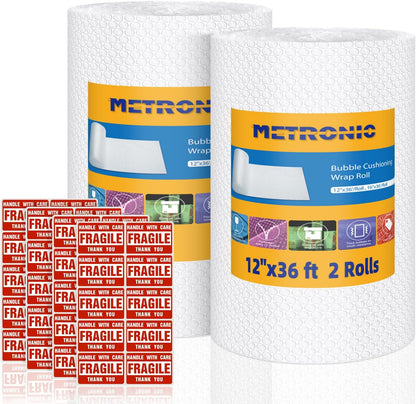 Metronic Bubble Cushioning Wrap 2 Pack 12 Inch x 72ft Total, Dense Bubble Packing Air Wrap Clear Bubble Packing Roll for Shipping and Moving Supplies, Perforated Every 12"