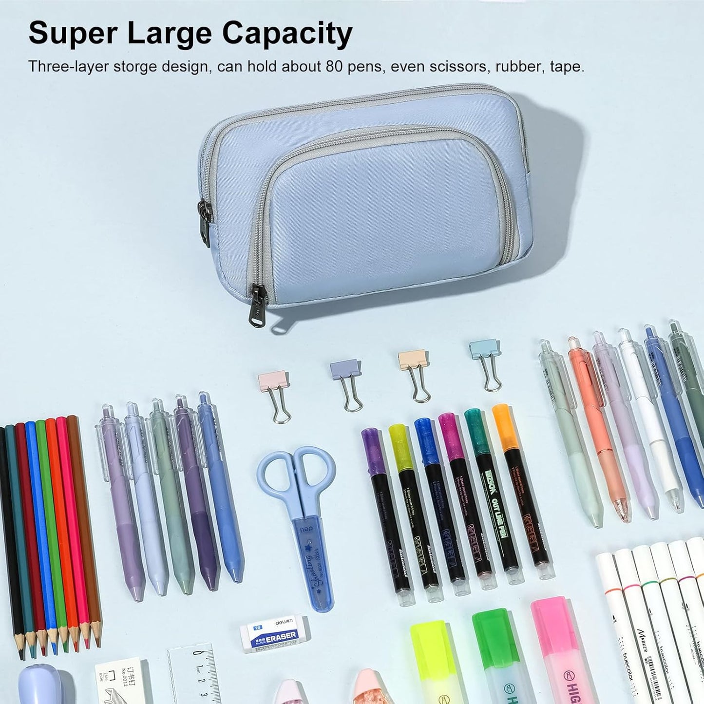 XQXA Pencil Pouch Large Capacity Pencil Case Organizer, Multifunctional Pencil Pouch with 3 Compartmens, Big Pencil Bag for Office Travel Men Women Adult (01-Haze Blue)