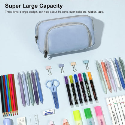 XQXA Pencil Pouch Large Capacity Pencil Case Organizer, Multifunctional Pencil Pouch with 3 Compartmens, Big Pencil Bag for Office Travel Men Women Adult (01-Haze Blue)