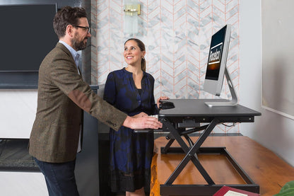 Rocelco 40" Height Adjustable Standing Desk Converter with AC Outlet USB Charger and Anti-Fatigue Floor Mat - Sit Stand Up Tabletop Riser - Sliding Keyboard Tray - Black (R DADRB-40-ACUSB-MAFM)