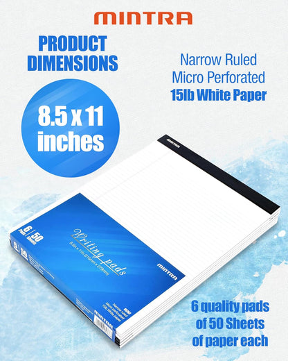 Mintra Office Legal Pads - ((BASIC WHITE 6pk, 8.5in x 11in, NARROW RULED))