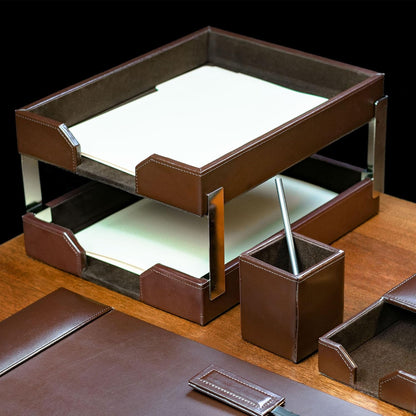 Dacasso Dark Brown Bonded Leather Luxury 9-Piece Desk Set - Blotter Pad & Desk Organization Essentials - Executive Decor and Surface Protector