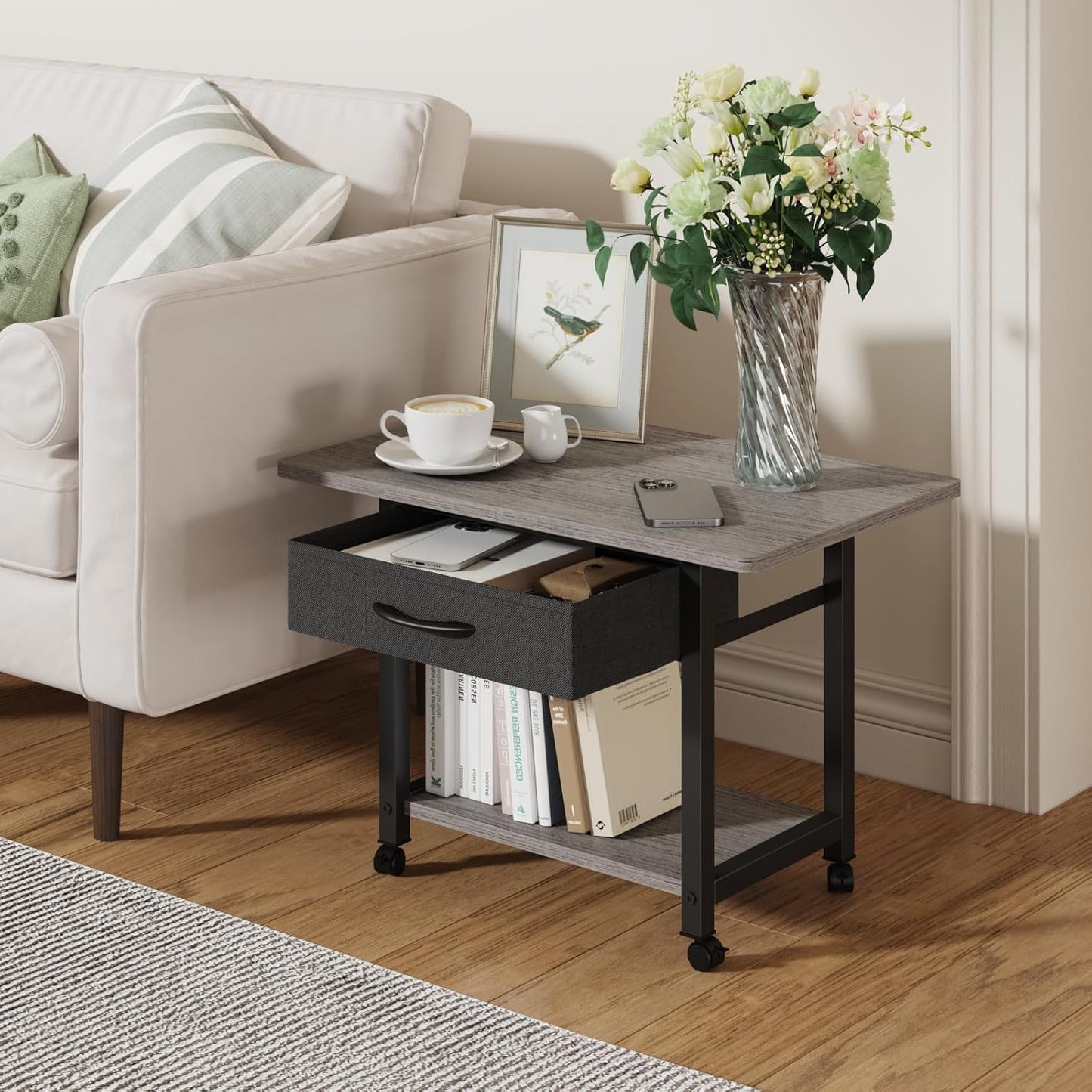 22"x15" Large Printer Stand with Storage Drawer, 2-Tier Under Desk Printer Table for Home Office, Printer Cart fit Fax Machine/3D Printer/Scanner(Gray)