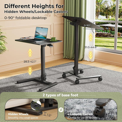Foldable Standing Desk，Small Mobile Sit-Stand Desk with 90 Tiltable Top，Rolling Rising Laptop Workstation Adjustable Height，Portable Table on Hidden Wheels/4 Lockable Casters，Black