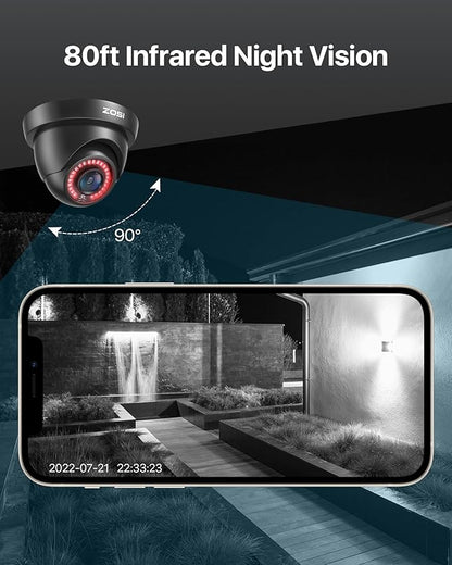 ZOSI 2.0MP FHD 1080p Dome Camera Housing Outdoor Indoor (Hybrid 4-in-1 CVI/TVI/AHD/960H Analog CVBS),24PCS LEDs,80ft IR Night Vision,CCTV Security Camera with 105° Wide Angle