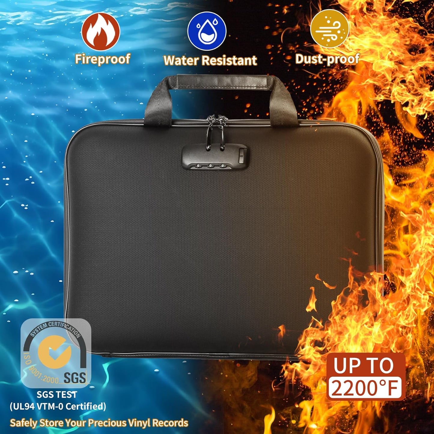 Fireproof Document File Organizer Bag, Black 5200°F Portable File Organizer Handbag With Lock,Hard Case Fireproof Waterproof Important Document Bag,Fire Safe Home Valuables Storage