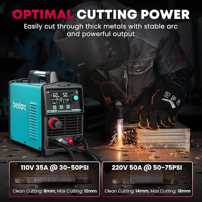 bestarc Plasma Cutter, [Pilot Arc][Large LED Display][Air Sensor] 50A bestarc Plasma Cutter Machine 110/220V Dual Voltage, 1/2 Inch Clean Cut 3/4 Inch Max Cut, Post Flow Mesh, 2T/4T for Beginners DIY