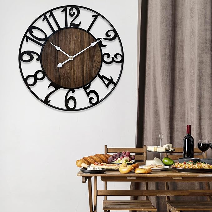 16 Inch Large Wall Clock for Living Room Bedroom Kitchen Mantel Decor, Silent Battery Operated Decorative Non Ticking Metal Round Modern Farmhouse Arabic Numerals Big Clock Wall Decor