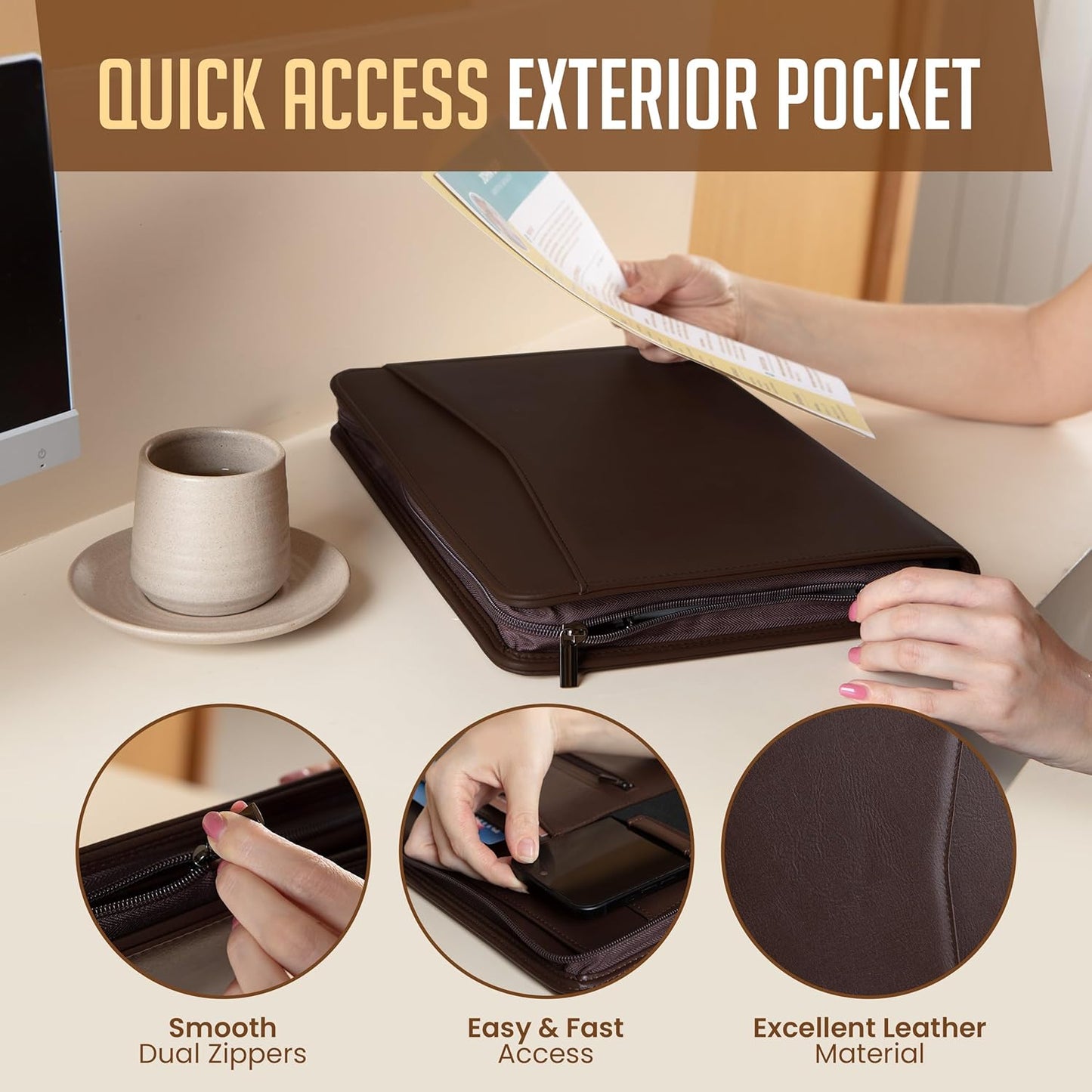 STYLIO Zipper Portfolio | Padfolio 3 Ring Binder and Clipboard Folio (Removable) | Portfolio Organizer for Documents, Tablet, Phone |Faux Leather Binder for Men and Women | Walnut (Brown) Color