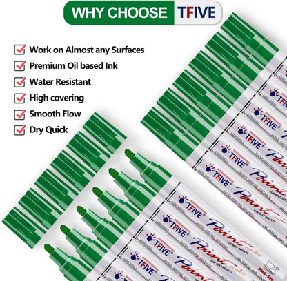 TFIVE Green Paint Pens Markers - 12 Pack Oil Based Permanent Marker, Medium Tip, Never Fade, Quick Dry, Waterproof Paint Pen for Rocks Painting, Wood, Fabric, Plastic, Canvas, Glass, Metal