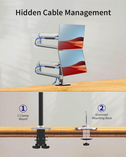 Dual Monitor Mount, Holds Screens up to 40 Inches and 25 lbs, Fully Adjustable Dual Monitor Arm with C-Clamp and Grommet Base, Aluminum, Silver