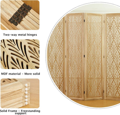 5.6Ft Room Divider Folding Wood Simple Carved Partition Screen for Home Office Garden - 6 Panels (Natural)