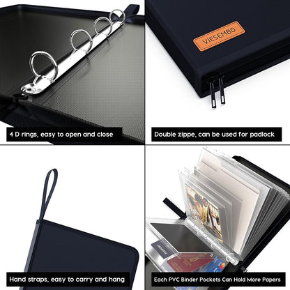 Important Document Organizer Zipper Binder,Fireproof Document Bag for Birth Certificate Protector, Waterproof Bill Organizer in Case I Go Missing Binder for Home Safe, 4 Ring Receipt Holder(Blue)