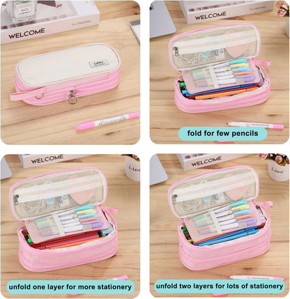 Big Pencil Case Zipper Pencil Pouch Organizer Large Capacity Pen Bag with Handle Portable for Girls Kids Adults Gift Pen Case for School Home Office Light-pink