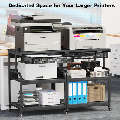 EasyCom 23.6''x18.9'' Extra Large Printer Stand with Drawer, 5-Adjustable Heights 3 Tier Table with Wheels, Rolling Printer Cart with Storage for Printer Scanner Fax Home Office Use