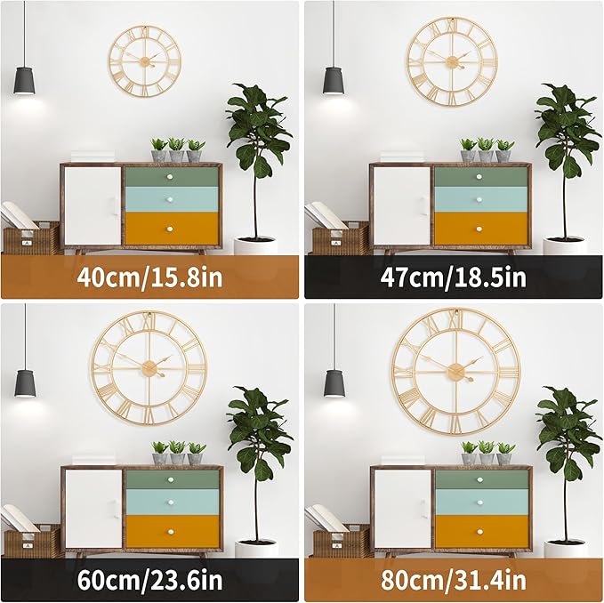 Large Wall Clock - 40cm/ 16 Inches Silent Non-Ticking, Battery Operated, Gold Vintage Decorative Modern Metal Wall Clocks for Living Room, Bedroom, Office, Farmhouse Decor