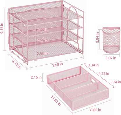 Marbrasse Desk Organizer and Accessories4-Tier Paper File Letter Tray Accessories & Workspace Desk Organizers with Drawer and 2 Pen Holders for School Home Office Supplies(Pink)