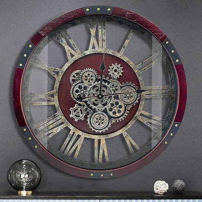 DORBOKER 27" Original Moving Gears Wall Clock, Large Industrial Wall Clock for Living Room Decor, Retro Metal Solid Wood Vintage Farmhouse Steampunk Rustic Clocks for Wall Decor,Cherry Red