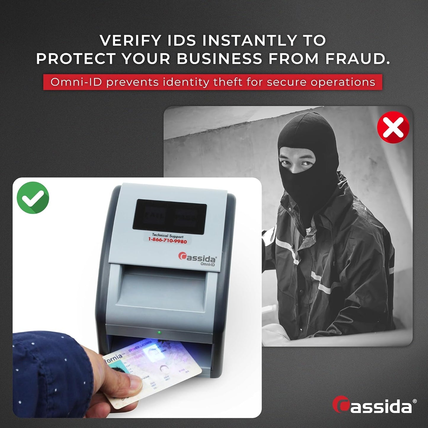 Cassida Omni-ID 2-in-1 Currency Counterfeit Detector with UV Identification Verification Lights – Bill Checker with Infrared, Magnetic and Ultraviolet Sensors - Easy to Read PASS/FAIL Display