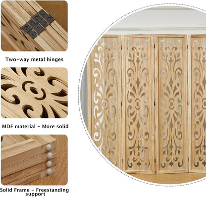 5.6Ft Room Divider Folding Wood Classical Carved Partition Screen for Home Office Garden - 4 Panels (Natural)