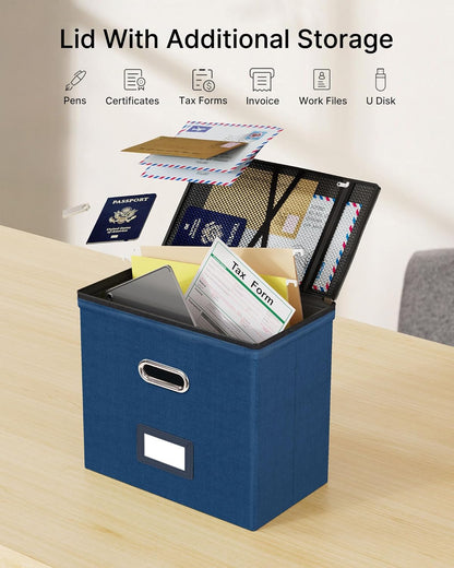 Oterri File Organizer Boxes with Lids, File Box with Mesh Pockets, Document Organizer Box for Letter Size Folders, Zippers Important Document Organizer (Dark Blue, Small-1 Pack Without Folders)