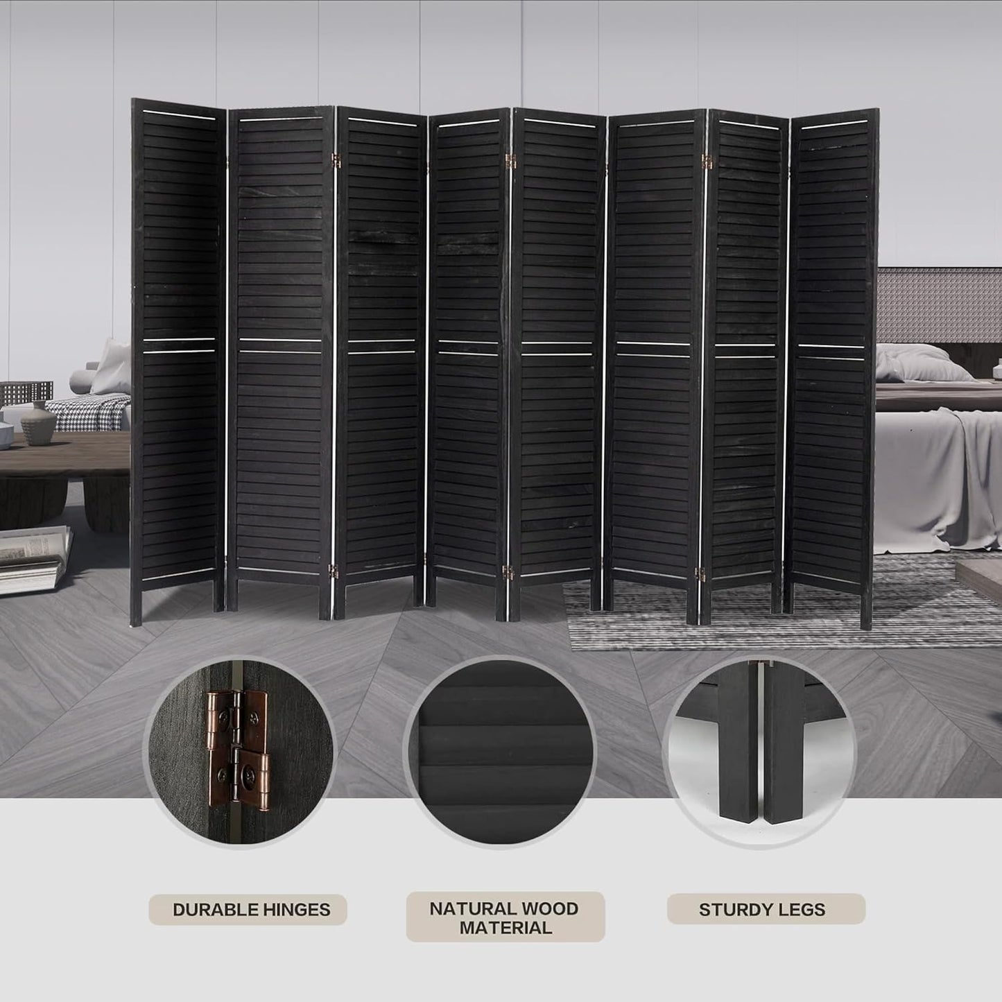 NicBex 8 Panel Room Divider 5.6FT Wood Room Dividers with Louvered Design, Folding Privacy Screens Portable Freestanding Partition Wall Dividers for Home Bedroom Office, Black