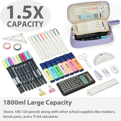 Pencil Case Pouch Box Bag School Supplies Girls Boys Kids, Cute Preppy Stuff Large Big Capacity Aesthetic Pen Organizer, Back to College Stationary, Light Purple, Standard Stlye, 1800ml