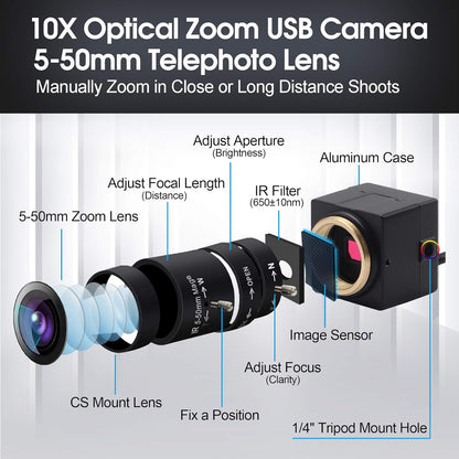SVPRO USB Web Camera 1080P Full HD Webcam with Zoom Lens, 5-50mm Telephoto Webcam Manual Focus with Sony IMX323 Sensor, H.264 0.01lux Low Light Camera for Industrial Machine Vision,UVC Free Drive