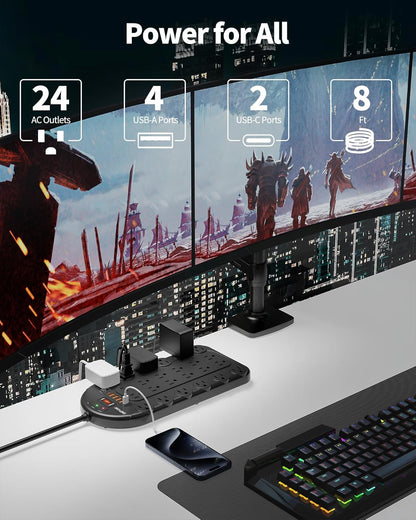 Power Strip, 24 AC Outlets (1875W/15A) with 6 USBs (2 USB-C Ports), ETL Listed, Surge Protector (3,400 Joules), 8 Ft Heavy Duty Flat Plug Extension Cord, Wall Mountable for Home, Office, Black