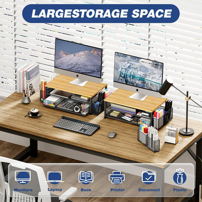 Desk Organizers and Accessories, 2-Tier Computer Monitor Stand with Drawer and 2 Pen Holders, Laptop Stand, Office Desk Accessories for Office Supplies, Oak