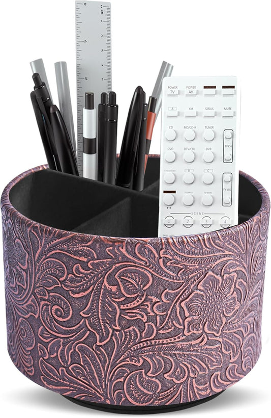 lizimandu Round Leather Art Supply Organizer,Remote Control Holder,360 Degree Spinning,Multi-Functional Pencil Holder,4 Compartments Desktop Stationary Organizer(1-Carved Cooper Red)