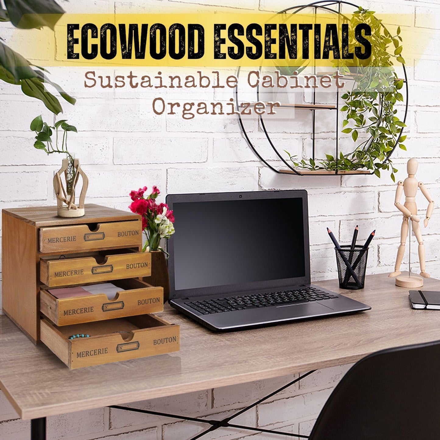 Flexzion Desktop Storage Box with Drawers - Wooden 4 Drawer Organizer Card Catalog Cabinet, No Assembly Required, Pine Wood Vintage Tabletop for Home and Office Accessories