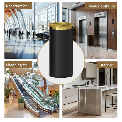 Brushed Gold Kitchen Trash Can with Swing Lid 7.8Gallon,Stainess Steel Commercial Garbage Can Wastebaskets for Shopping mall,Hotel Lobby,Airport, Alevator Using (Black with gold lid, 7.8 gallon)