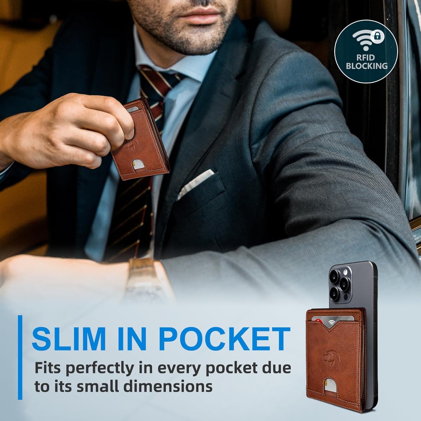 Wallet for Men Wallet with Cash Pocket 2 ID Window 13 Cards,Slim Leather Wallet Front Pocket Card Holder RFID Blocking with Gift Box