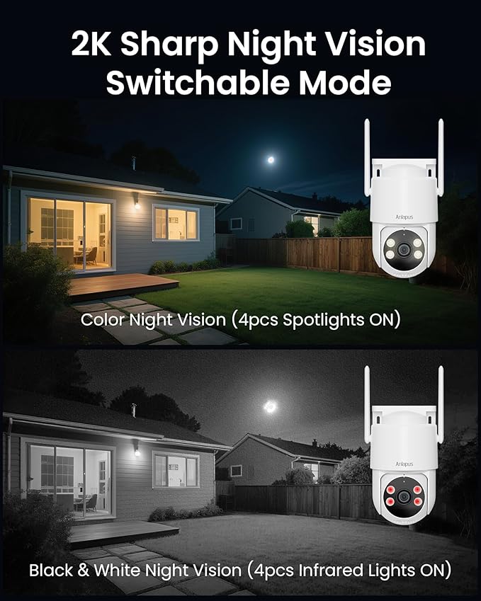 Anlapus C281 3MP 2K Security WiFi Camera Outdoor, 360° Pan/Tilt Wired Security Camera, AI Detection, Auto Track, Color Night Vision, 2-Way Audio, 2.4/5GHz, Light Siren Alarm, Cloud/Memory Card Storage