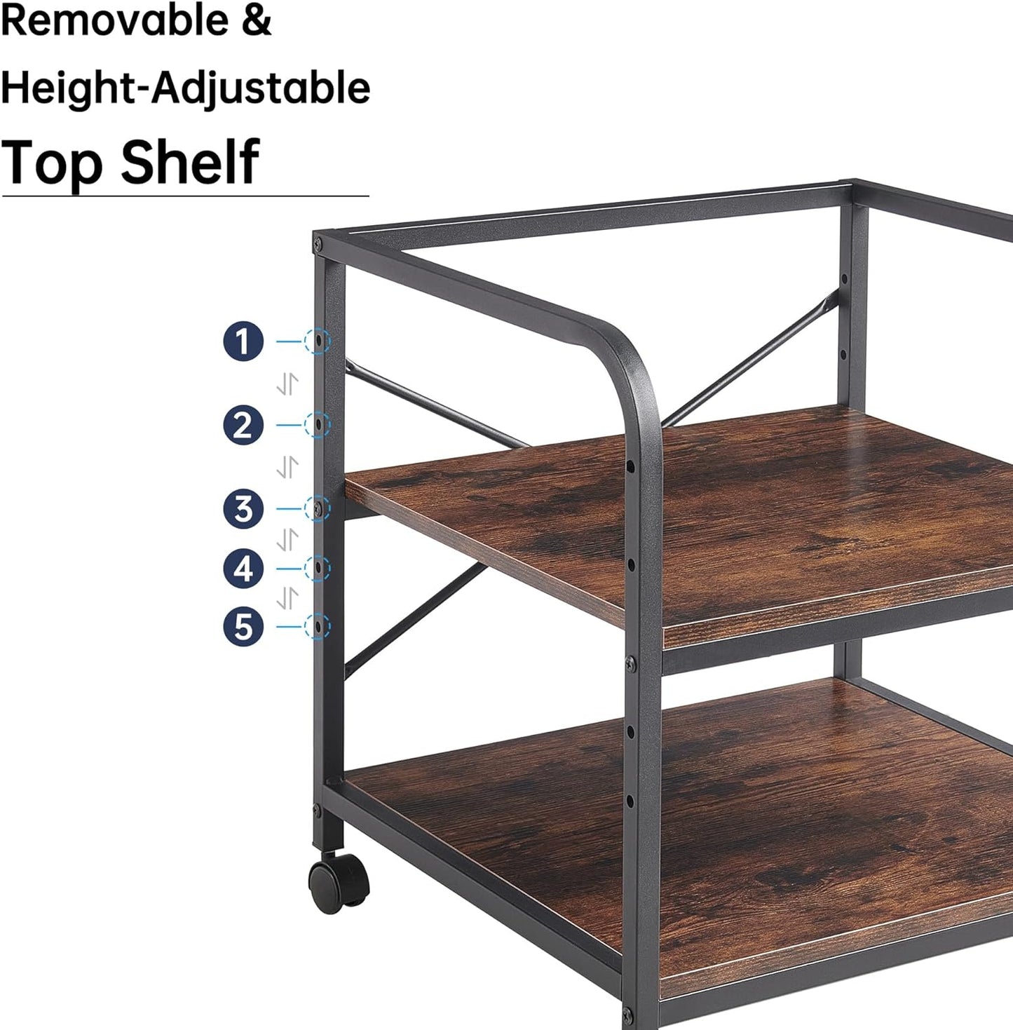 Under Desk Printer Stand, 20 Inches Deep Large Printer Table with Height Adjustable Storage Shelf, 2 Tier Rolling Printer Cart with Wheels for Home Office - Rustic Brown