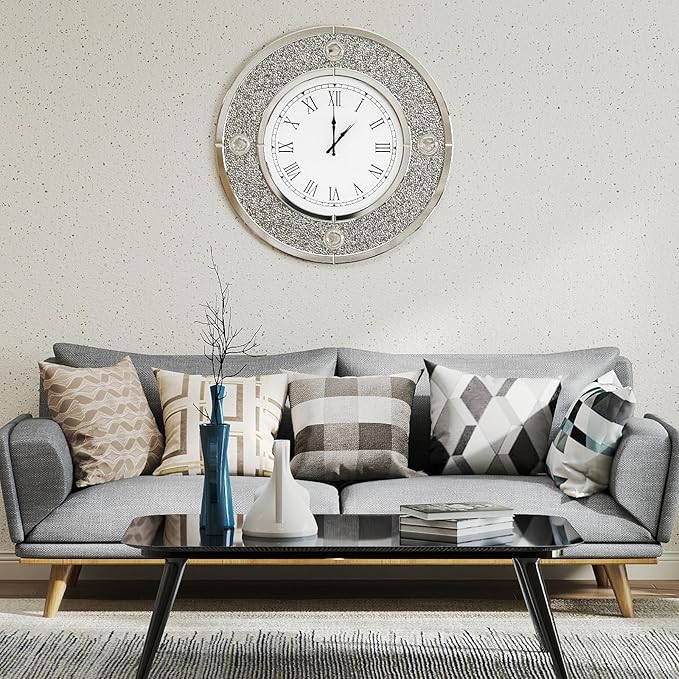 COSVALVE Mirror Wall Clock with Crystal, 20 Inch Large Silver Glass Clock for Wall Living Room, Big Decorative Wall Clock with Crushed Diamond Decor, Luxury Bling Wall Decor