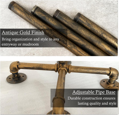 Industrial Coat Rack, Metal Pipe Coat Rack Stand Freestanding with 6 Hooks, Heavy Duty Coat Tree Sturdy Coat Racks for Entryway, Hallway, Bedroom (Vintage gold)