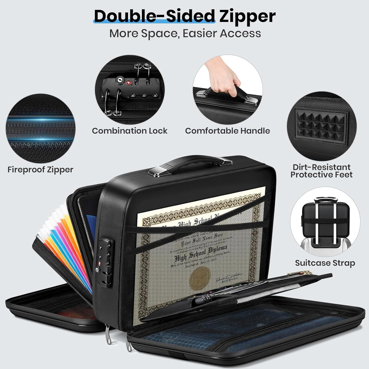 Fireproof Document Box Double-Zip, Hard-shell Waterproof Fire Proof Bag with Lock & File Folder, Portable Safe Organizer for Home Office Documents, Important Valuables Storage, Travel/Emergency Carry