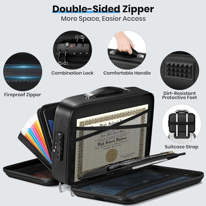 Fireproof Document Box Double-Zip, Hard-shell Waterproof Fire Proof Bag with Lock & File Folder, Portable Safe Organizer for Home Office Documents, Important Valuables Storage, Travel/Emergency Carry