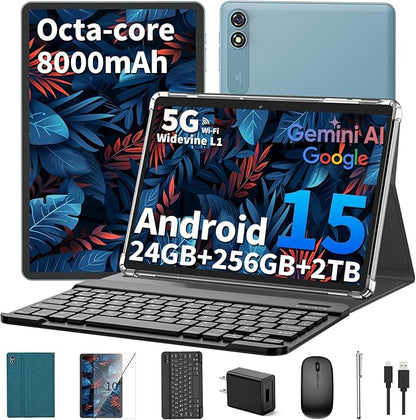 Android 15 Tablet 10 inch, 2026 Tablet with Keyboard, 24GB+256GB+2TB Expand, 2-in-1 Tablets with 8-Core, 5G WiFi, 8000mAh, BT5.0, GMS, GPS, Gemini AI, Tablets PC with Mouse, Case, Stylus (Green)