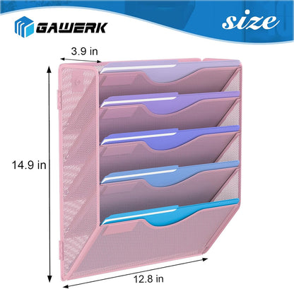 5 Tier Hanging Wall File Organizer, Mesh Mail Paper Orgnization Hanging File Folder Holder for Home Office, Pink