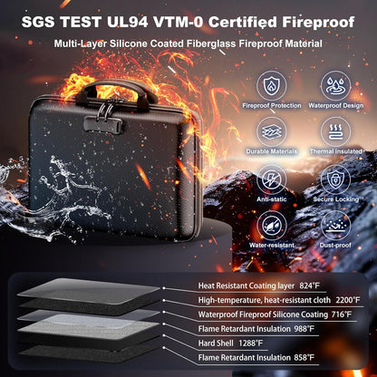 Fireproof Document Box, Hard Case Fireproof File Organizer with Lock and 13 Pocket Accordion File Folder, Portable Safe Box for Home Office Travel to Storage Important Documents Laptop Black