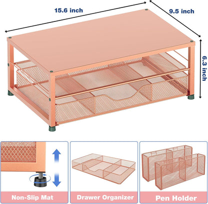 Desk Organizers and Accessories, 2-Tier Computer Monitor Stand with Drawer and 2 Pen Holders, Laptop Stand, Office Desk Accessories for Office Supplies, Rose Gold