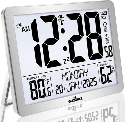 Digital Wall Clock Battery Operated with Backlight, Atomic Alarm Clocks with Indoor Temperature & Humidity for Bedrooms, Office, 8.5" Small Desk Clock with Large Display for Seniors, Auto DST, Sliver
