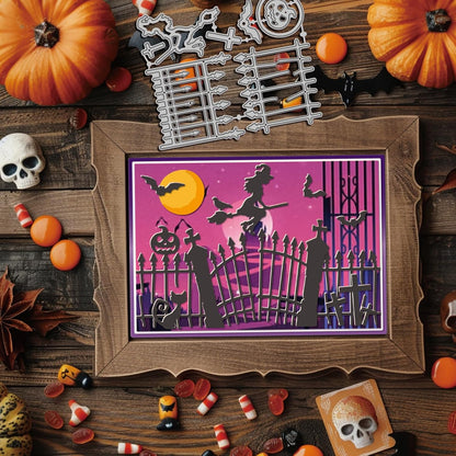 GLOBLELAND Halloween Gate Cutting Dies for Card Making Witch and Cat Cut Die for DIY Scrapbooking Journal Embossing Paper Craft Decor