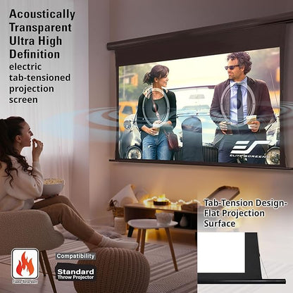 Elite Screens Saker Tab-Tension AcousticPro UHD Series, 110-INCH Diagonal 16:9, 4K/8K Ultra HD Electric Sound Transparent Perforated Weave Drop Down Front Projector Screen, SKT110UH2-E24-AUHD