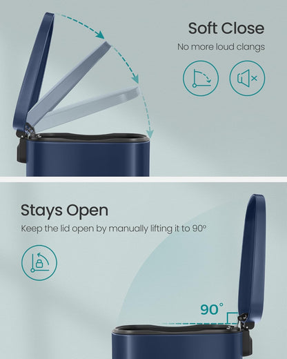 SONGMICS 13 Gallon (50 L) Trash Can, Stainless Steel Kitchen Garbage Can, Recycling or Waste Bin, Soft Close, Step-On Pedal, Removable Inner Bucket, Midnight Blue ULTB050L01